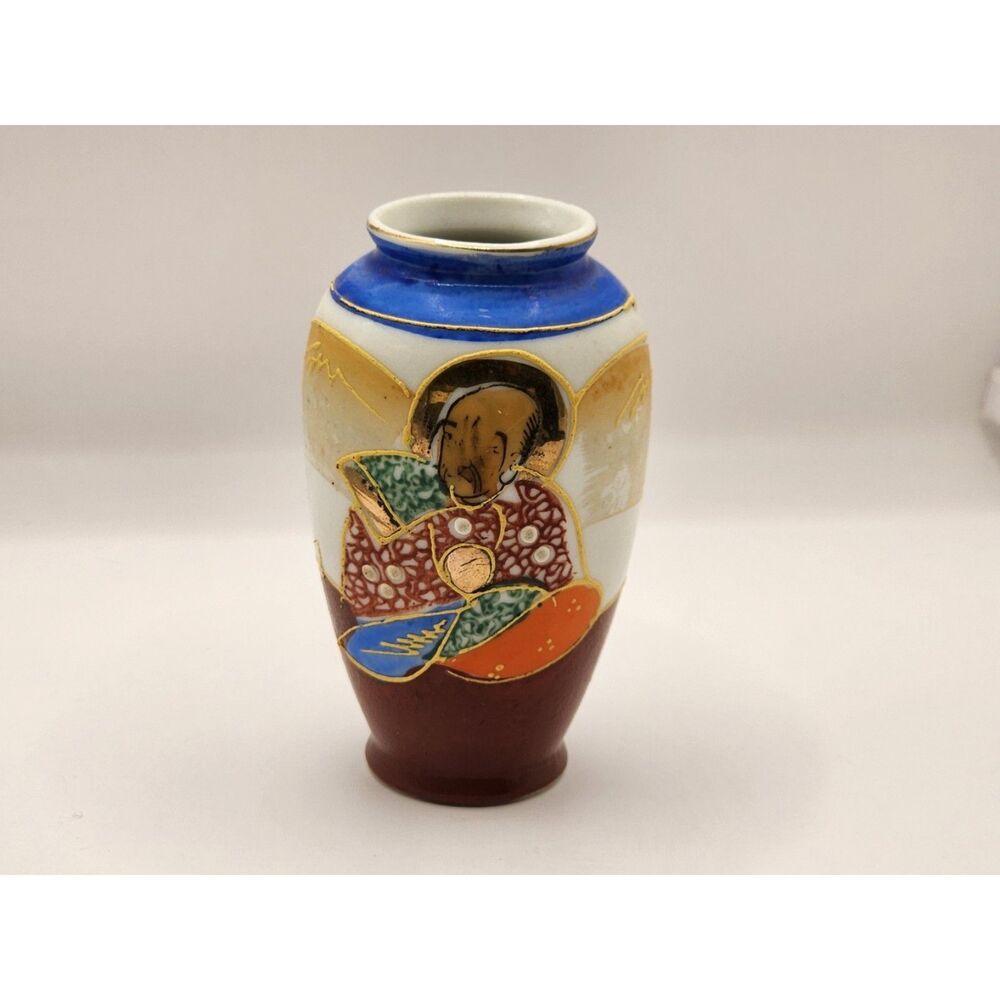 Occupied Japan Satsuma Style Mini Bud Vase Geisha Figural Blue Brown Gold Gilt 3